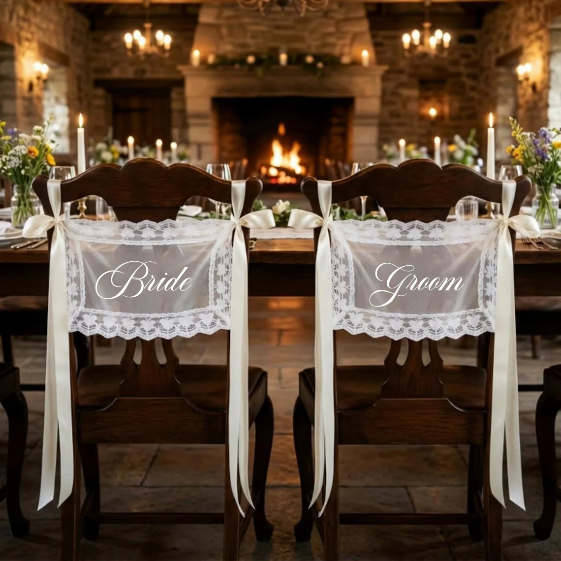 Personalized Wedding Chair Signs for Bride & Groom Lace Decor