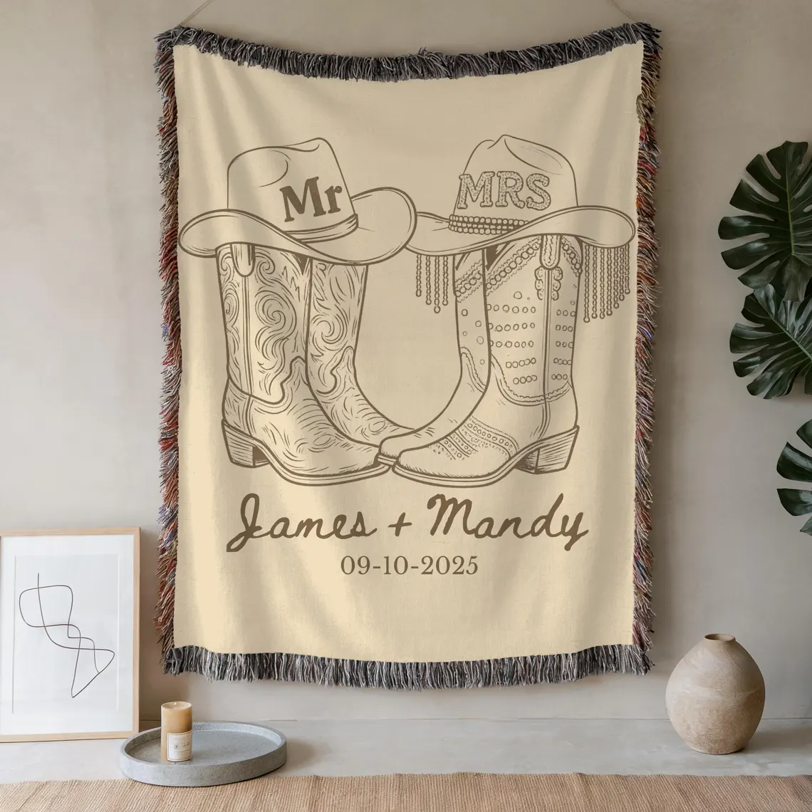 Personalized Western Wedding Blanket - Custom Names & Date Woven Throw - Image 2