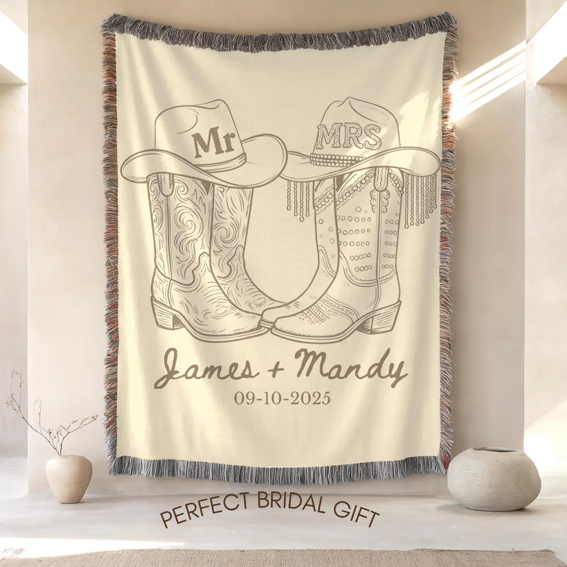 Personalized Western Wedding Blanket - Custom Names & Date Woven Throw - Image 3
