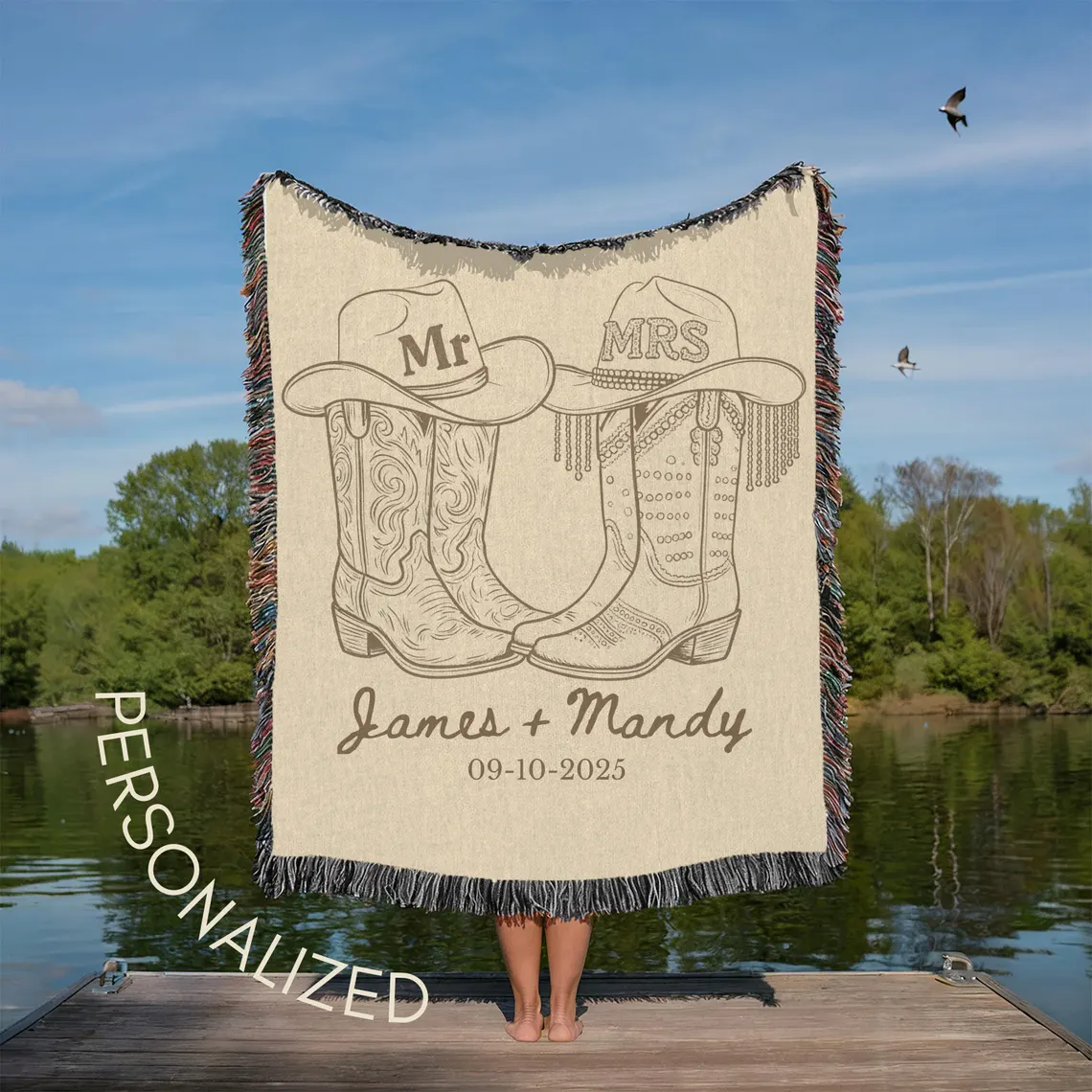 Personalized Western Wedding Blanket - Custom Names & Date Woven Throw - Image 4