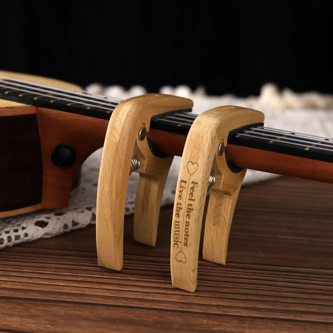 Custom Beechwood Guitar Capo & Pick Gift Set with Engraving - Image 2