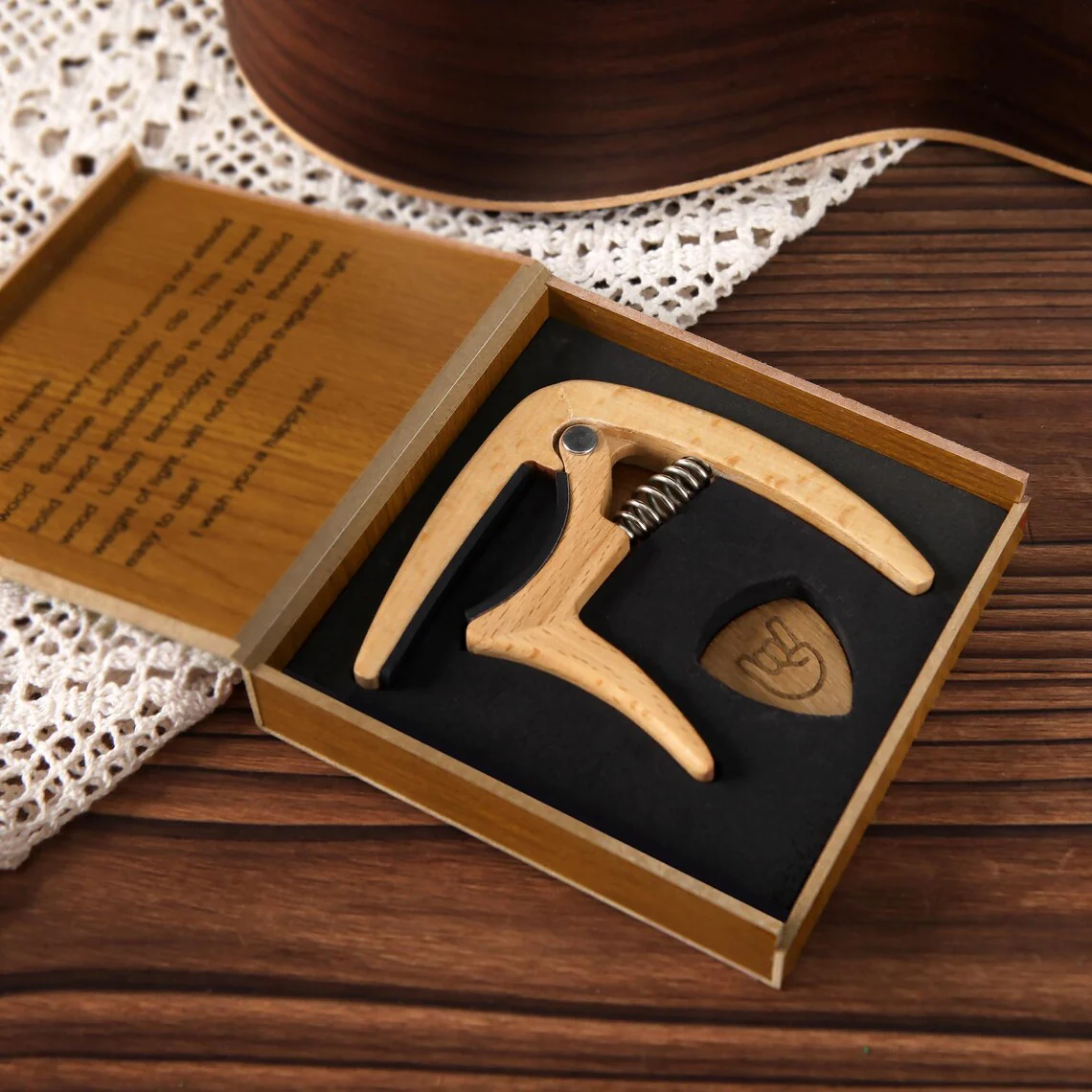 Custom Beechwood Guitar Capo & Pick Gift Set with Engraving - Image 4