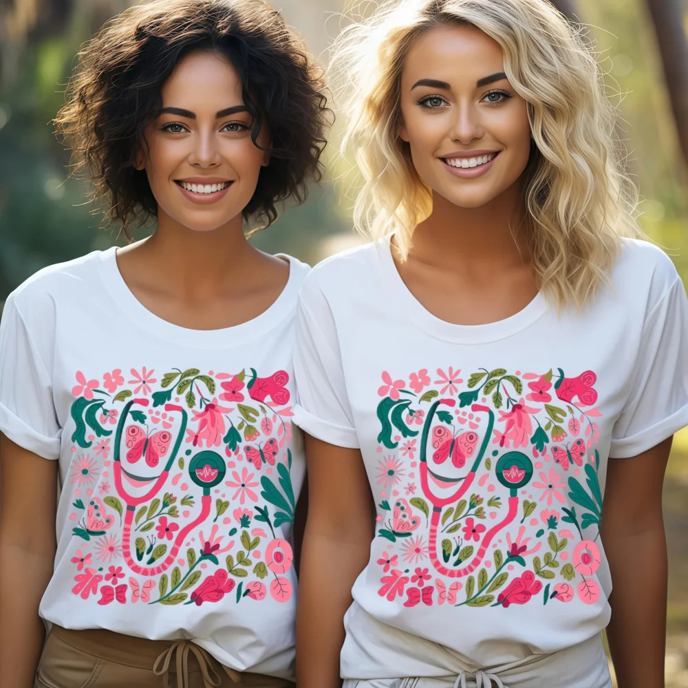 Retro Floral Pink Nurse Shirt – Boho Aesthetic Tee - Image 3