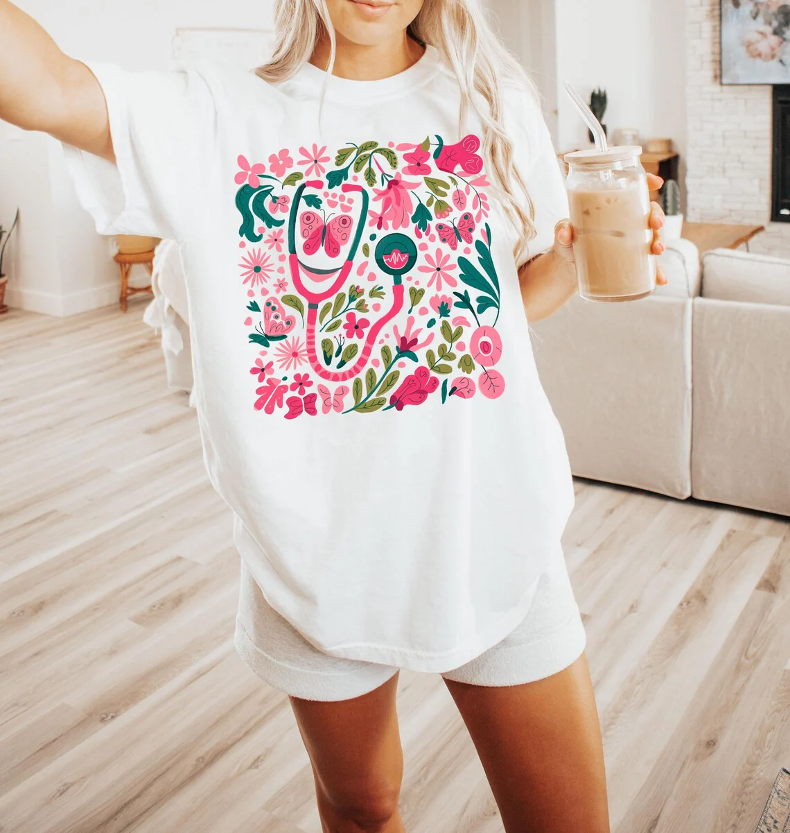 Retro Floral Pink Nurse Shirt – Boho Aesthetic Tee - Image 4
