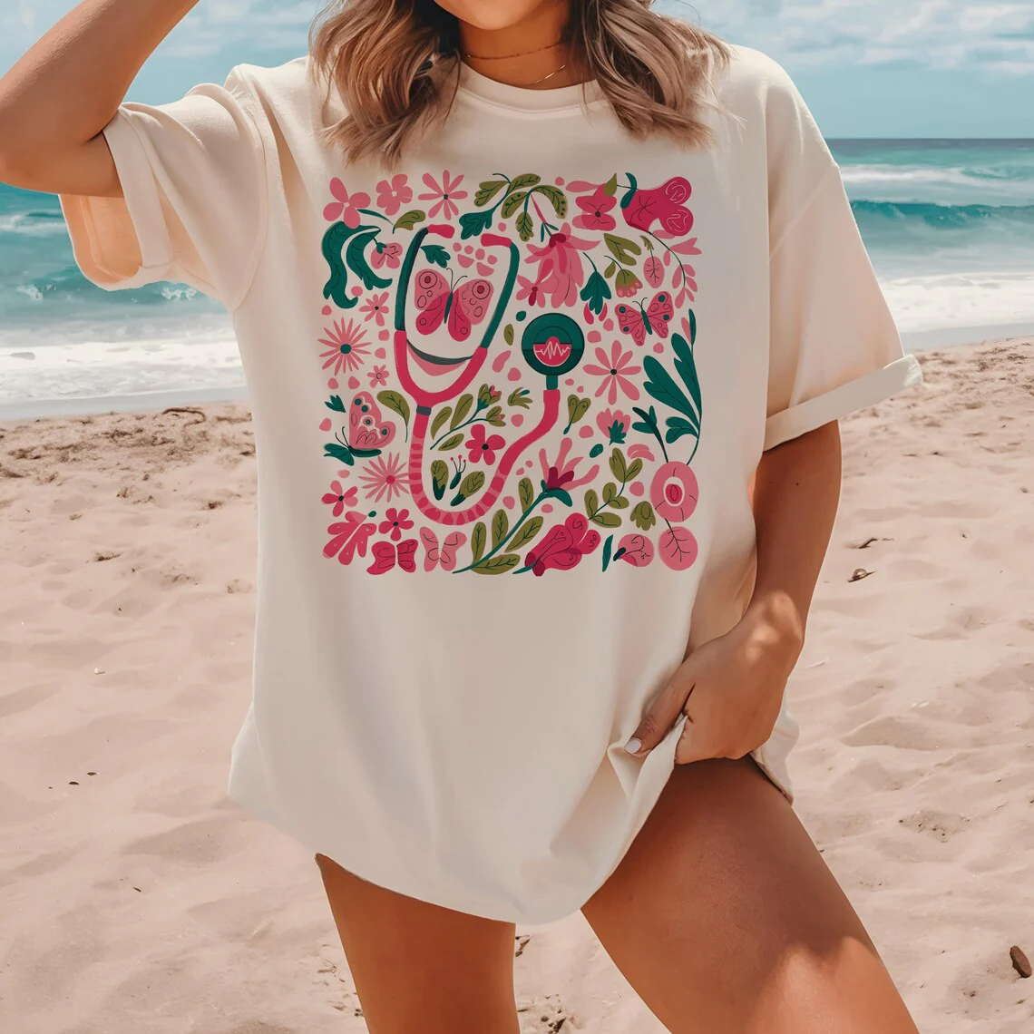 Retro Floral Pink Nurse Shirt – Boho Aesthetic Tee - Image 5