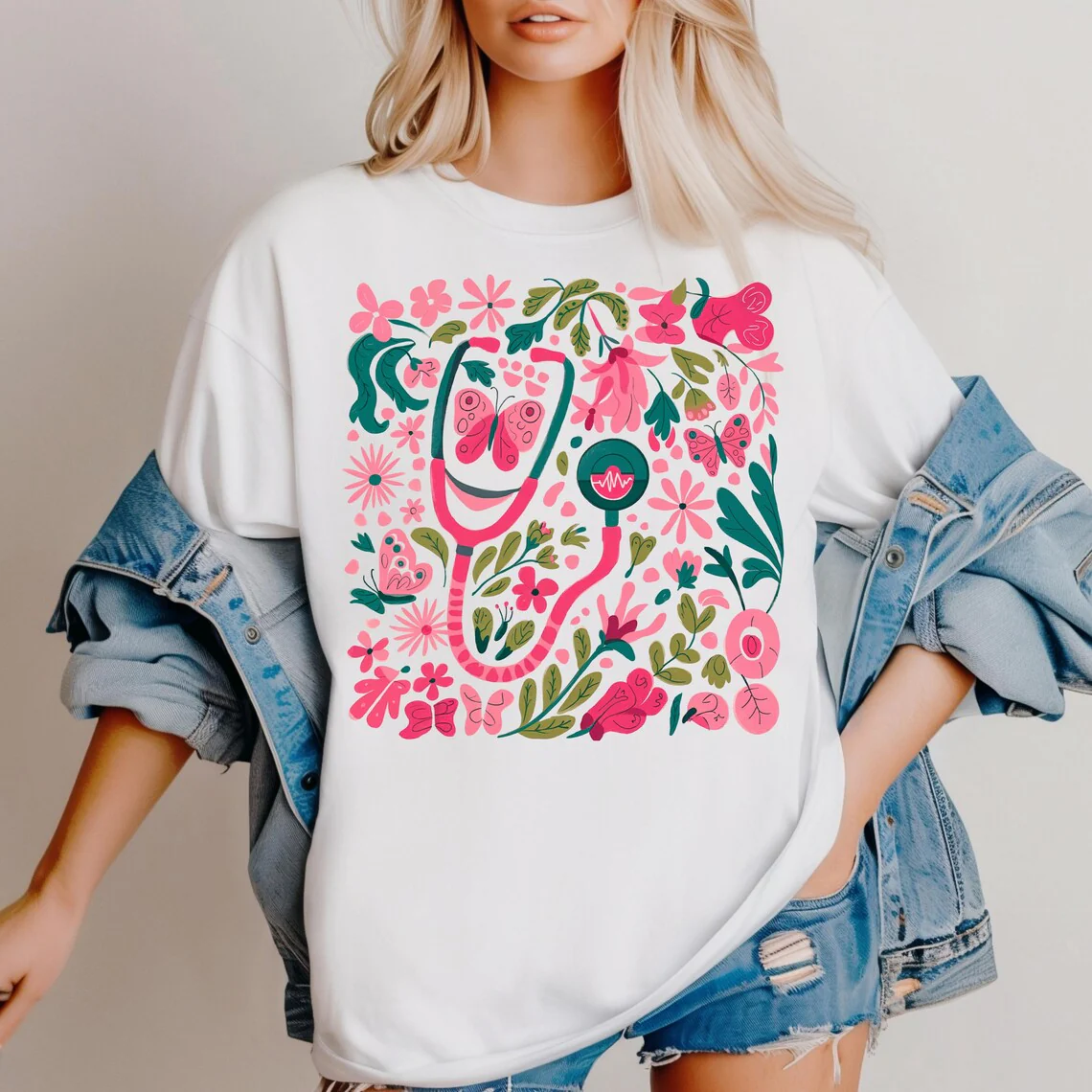 Retro Floral Pink Nurse Shirt – Boho Aesthetic Tee - Image 6