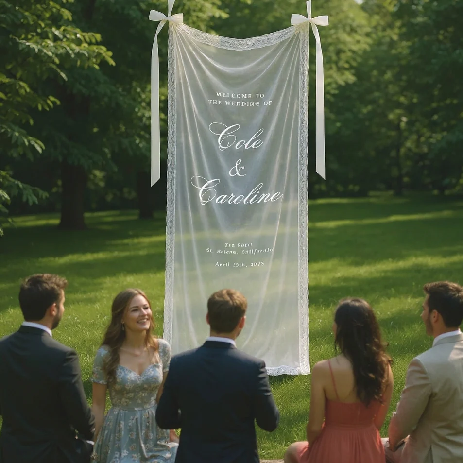 Personalized Sheer Lace Wedding Welcome Sign – Romantic Wedding Banner - Image 4