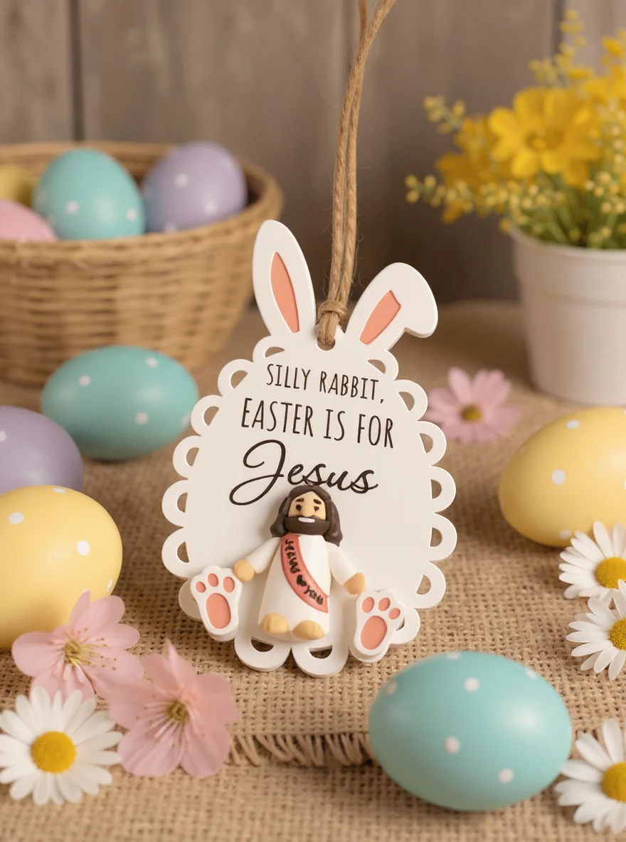 Personalized Easter Faith Ornament – Silly Rabbit, Custom Text - Image 2