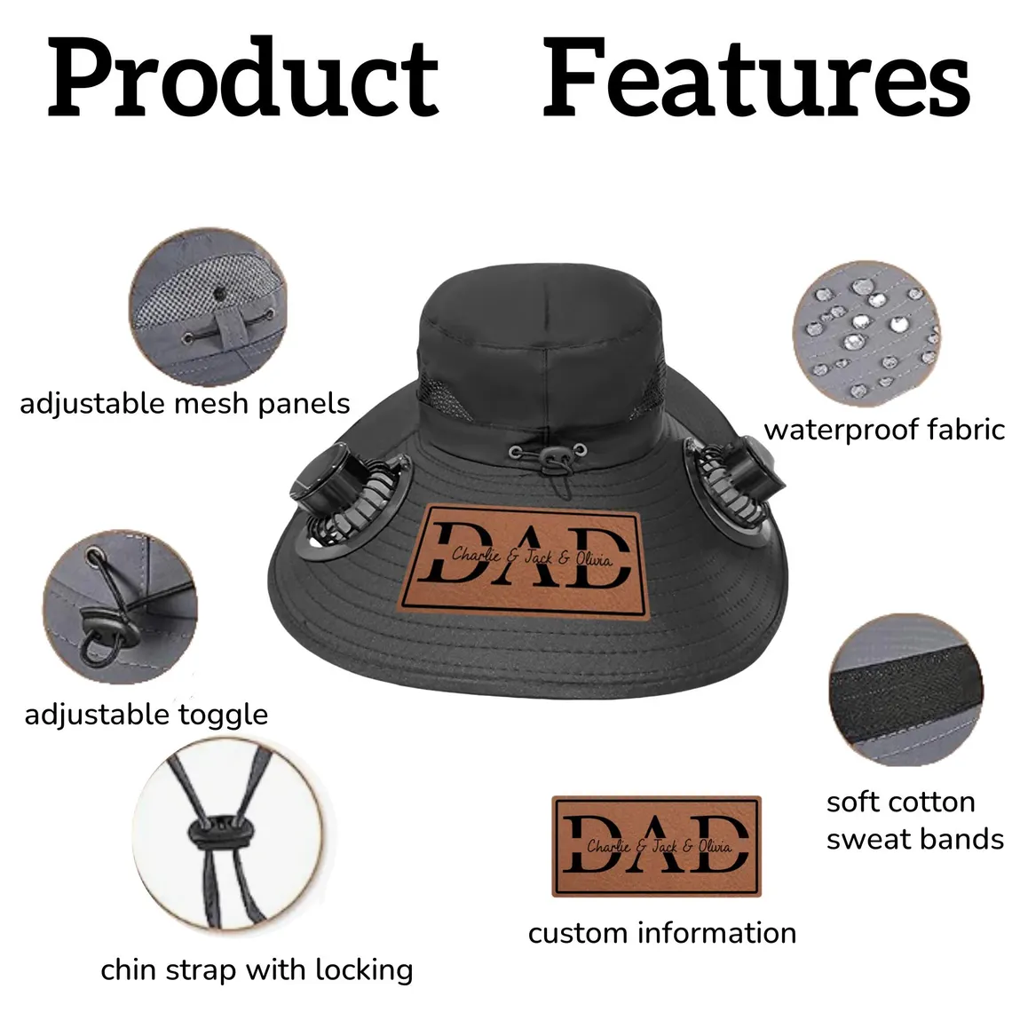 Personalized Dad Stamp Hat with Solar Fan – Outdoor Gift for Men - Image 3