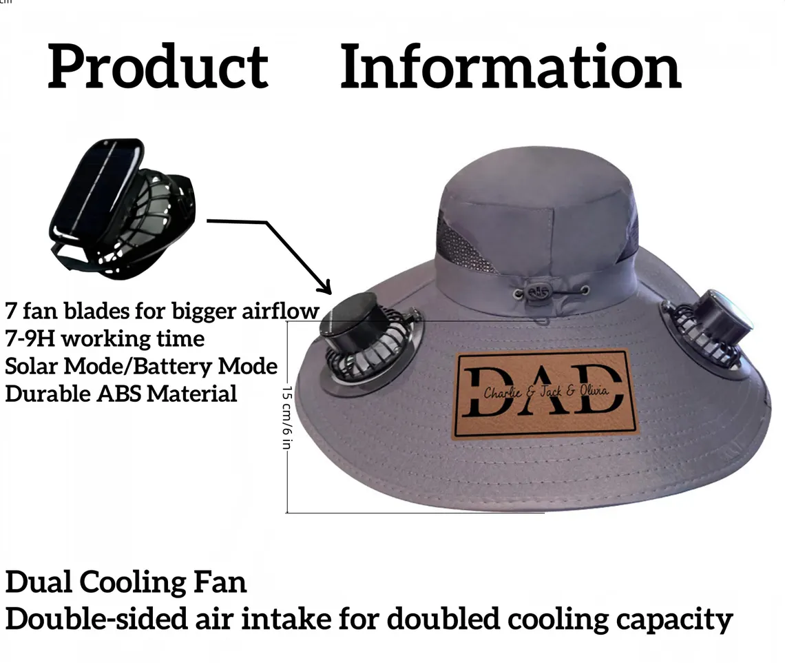 Personalized Dad Stamp Hat with Solar Fan – Outdoor Gift for Men - Image 5