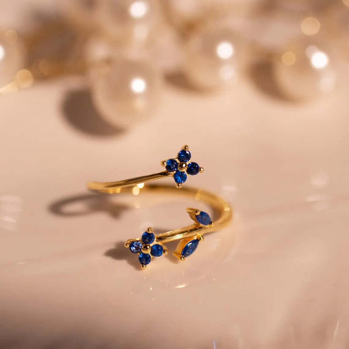 Something Blue Sapphire Flower Ring – Adjustable 925 Sterling Silver - Image 3