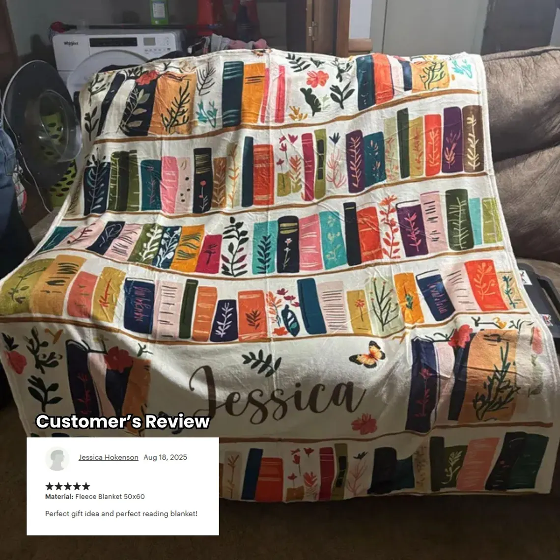 Vintage Bookshelf Throw Blanket - Cozy Floral Bookish Gift for Readers - Image 3